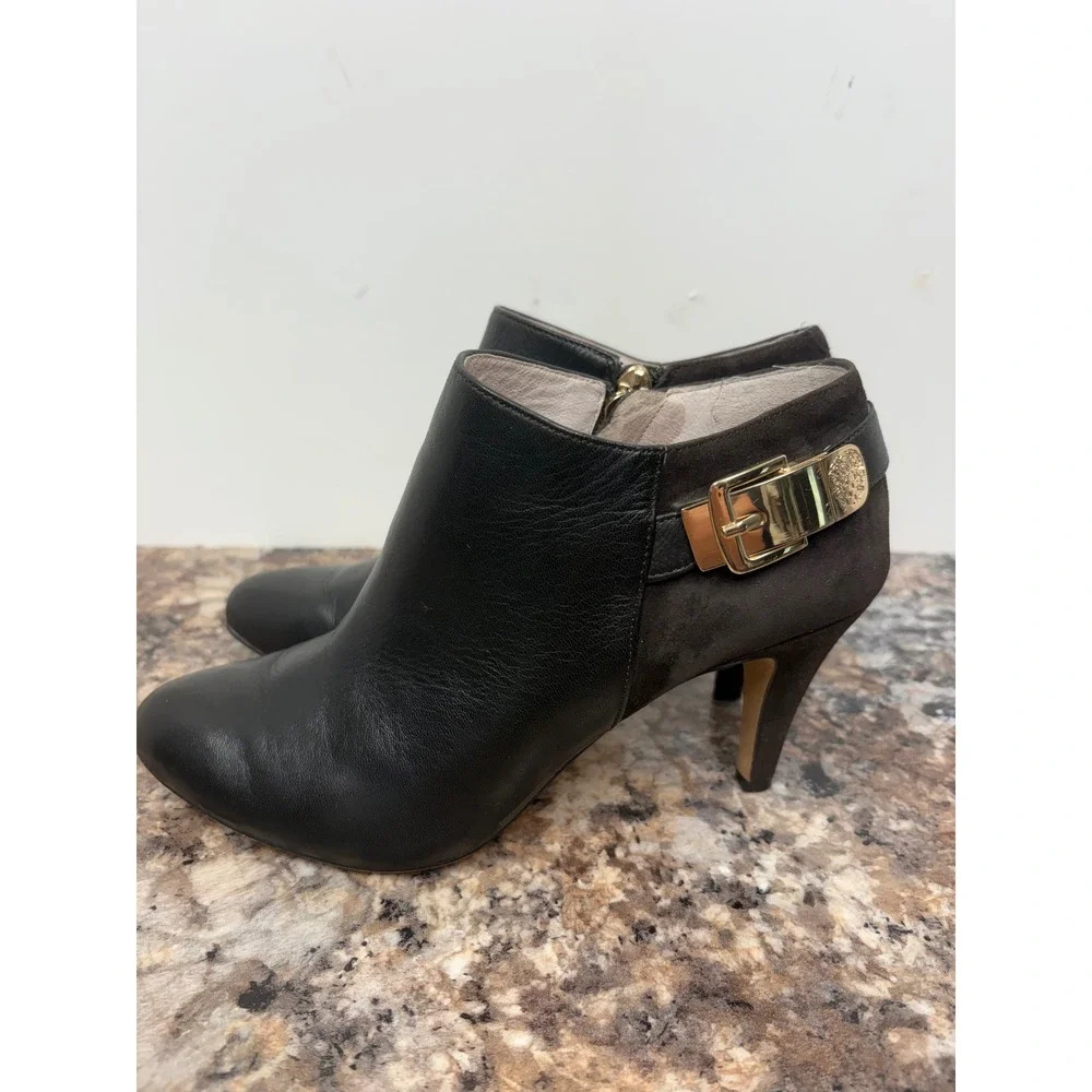 Vince‎ Camuto Velino Black Leather Suede Buckle Ankle Booties Gold Hardware 6.5M